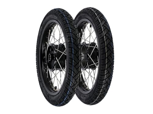 Set: 2 Kompletträder 1,6x16' Alufelge, Nabe - eloxiert Schwarz + Edelstahlspeichen + Reifen Vee Rubber (VRM 094)