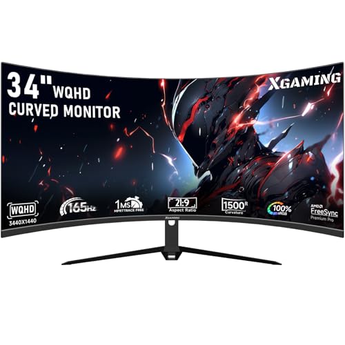 XGaming 34-Inch Ultra WQHD Curved Gaming Monitor 3440 x 1440p, 180Hz, 100% sRGB, 1ms, FreeSync, 1500R Ultrawide 21:9, HDMI DisplayPort Display Build-in Speakers, VESA, Tilt Adjustable