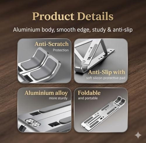 Image of 6 Angles Adjustable Aluminum Ergonomic Foldable Portable Tabletop Laptop /Desktop Riser Stand Holder Compatible for MacBook, HP, Dell, Lenovo & All Other Notebook (Silver)