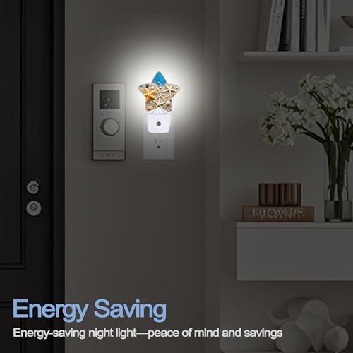 Image of Coastal Seashell Starfish Night Lights Plug Into Wall,Blue Wooden Star Night Light for Kids,Nightlight with Dusk to Dawn Smart Sensor for Bedroom Bathroom Decor,Children Women Men Gift