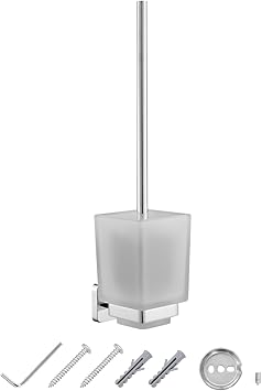 JASSFERRY Toilet Brush and Holder Set Wall Mounted Square Frosted Glass Tumbler Holder Loo Brushes Polished Chrome