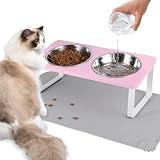 Picture of Upgraded Elevated Cat Bowls with Food Mat,15°Tilted Stand Anti Vomiting Raised Cat Dishes for Food and Water,2 Stainless Steel Bowls for Cats and Puppy（Pink）