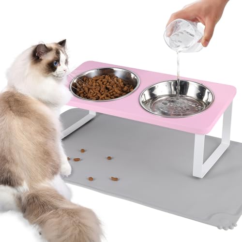 Upgraded Elevated Cat Bowls with Food Mat,15°Tilted Stand Anti Vomiting Raised Cat Dishes for Food and Water,2 Stainless Steel Bowls for Cats and Puppy(Pink) by Summark - Used condition - US$19.35