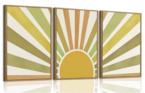 Bwodke Boho-Wandkunst, gerahmt, abstrakte Sonnenschein-Wandkunst, Sonnenaufgang, neutrale Leinwand-Wanddekoration, Mitte des Jahrhunderts, geometrische Bilder, minimalistische Gemälde, für
