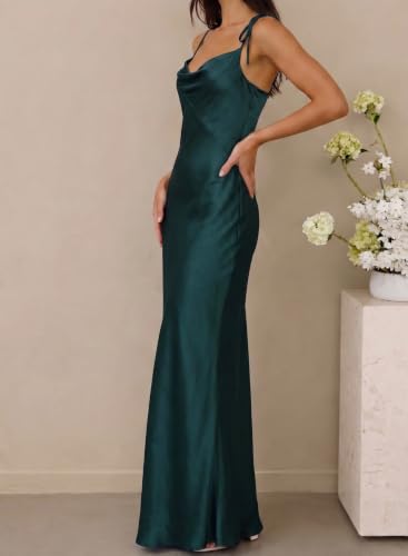 Image of 2026 Satin Cowl Neck Spaghetti Strap Maxi Dress for Women Bridesmaid | Silk,Tie Strap,Slip,Slit,Midi,Wedding Guest,Graduation,Elegant,Cocktail,Vacation,Party