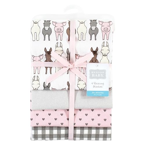 Image of Hudson Baby Unisex Baby Cotton Poly Flannel Receiving Blankets, Farm Friends Pink, One Size