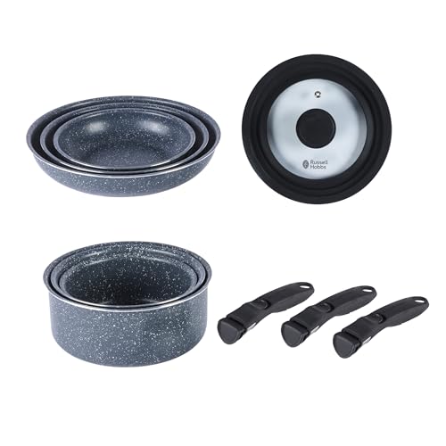 Russell Hobbs Smart Clip 10-Piece Frying Pan & Saucepan Set – 20/24/28 cm Fry Pans, 16/18/20 cm Cooking Pots, 3 Clip-On Handles, Universal Glass Lid, Non-Stick, Induction Suitable, Oven Safe