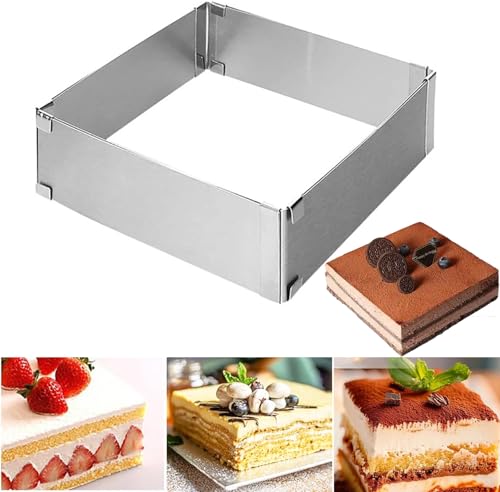 UQMIQURA Cadre de cuisson rectangulaire réglable de 15 à 28 cm, en acier inoxydable, hauteur : 5 cm, anneau à gâteau, rectangulaire, pour la pâtisserie, la décoration