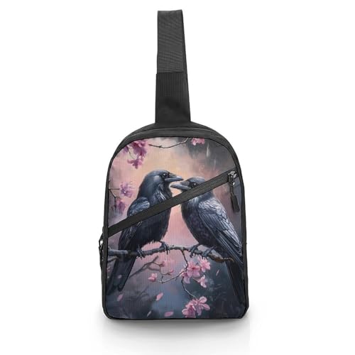 Black Crows Cherry Tree Branch Chest Bag Foldable Crossbody Unisex Pack Travel Hiking Adjustable Shoulder Straps Sling Bags