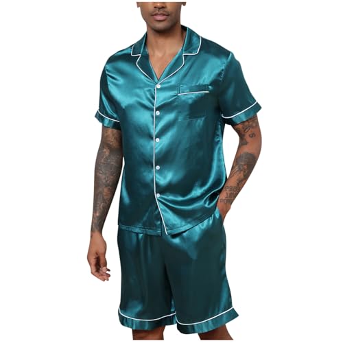 Xiaojmake Mens Silk Satin Pajama Set Short Sleeve Button Down Top Shorts Pjs Sets Loungewear Silky Sleepwear with Pockets