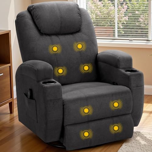 Recliner Chair,360° Swivel Rocker Chair for Adults, Rocking Recliner Chair with Massage, Comfy Single Sofa with Side Pockets Cup Holders for Living Room, Bedroom, Nursery (Fabric, Gray)