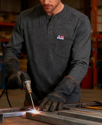 Image of BOCOMAL FR Shirts for Men Long Sleeve EX Soft Flame Resistant Henley CAT2 | NFPA2112 6oz Midweight Cotton Knit Heather Series,Moisture-Wicking /Breathable,Chest Pocket,Rib-Knit Cuffs,Summer Work T Shirt
