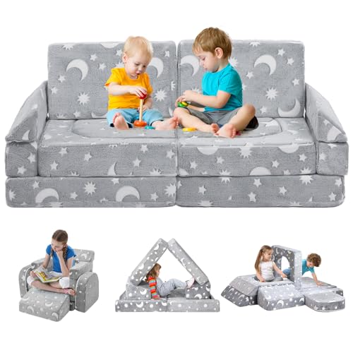ALIMORDEN 11Pcs Kids Modular Couch, Nugget Play Sofa, DIY Creative Foam Couch for Playroom, Glow-in-The-Dark Moon&Star Foam Sofa