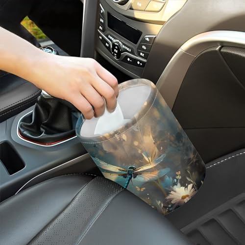Image of Dragonfly Print Car Trash Can Collapsable, Reusable Daisy Trash Bag for Car, Waterproof Hanging Trash Bin for Car