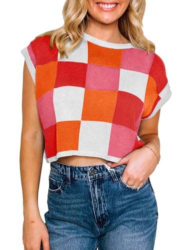 Image of Saodimallsu Womens Cap Sleeve Crop Tops Summer Color Block Going Out Crew Neck Knit Trendy Casual Sweater