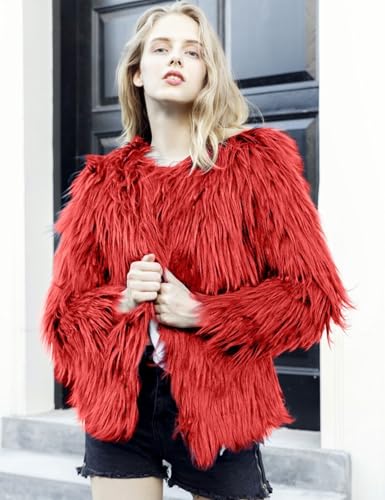 Flygo Faux Fur Coat Women Faux Fur Jacket Fluffy Open Front Cardigan Shaggy Short Coat Fall Winter Jacket(Red-S)2
