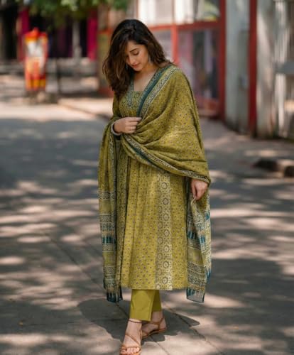 Image of ANNI Designer Women's Viscose Printed A-Line Kurta Set with Pant and Dupatta | Green Ethnic Wear | V-Neck | 3 /4 Sleeve Indian Traditional Outfit for Women
