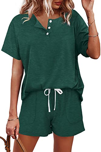 Image of WIHOLL Two Piece Outfits for Women Lounge Sets Button Down Top and Shorts Set Sweatsuits with Pockets