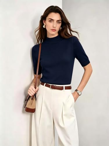 Image of Short Sleeve Mock Neck Turtleneck Sweater Tops Knit T Shirts Capsule Wardrobe Essentials
