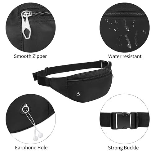 Viqueen Fashion Large Fanny Waist Pack Crossbody Belt Bag for Women and Men,Lightweight Bag with Zipper and Pockets for Running and Sports,Water Resistant,Hands Free Phone Carrying(Black)