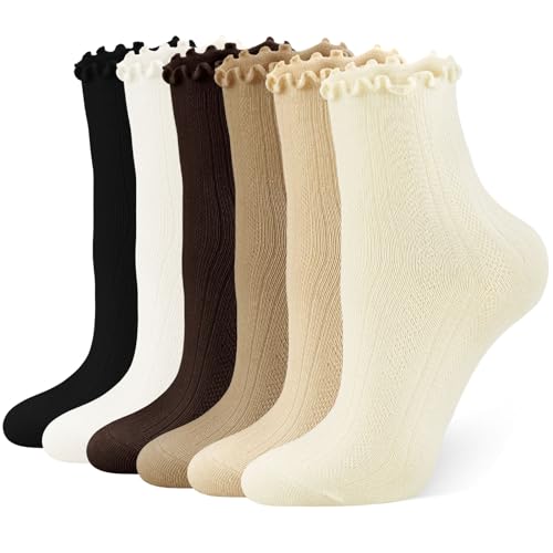 COZYOFFI Women Cute Ruffle Socks: Frilly Cuff Fit Boots Dress Shoes for Office Daily Wear - Breathable Comfortable for Work