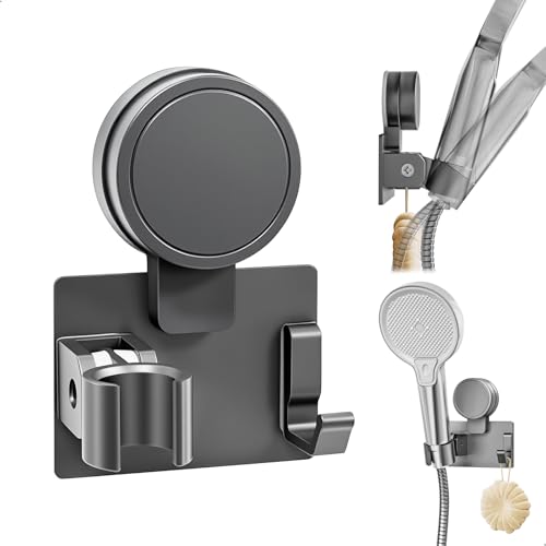 Support Pommeau de Douche, Support Douche sans Percage, Support de Douche à Ventouse sans Trou, avec Angle et Crochet Réglables, Adapté à la Plupart des...