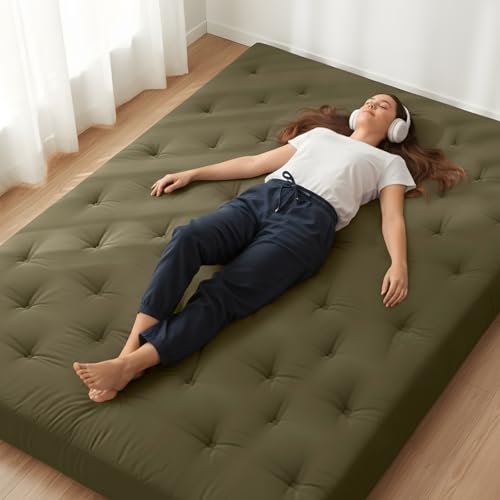 Image of ZonLi Japanese Floor Futon Mattress Queen Size 80 inchx60 inch100%Cotton Cover 6''Thicken Tatami Mattress,Foldable Sleeping Pad,Portable Dormitory Tatami Mat,Roll Up Floor Lounger Bed for Adult (Winter Moss)