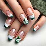 24 Pcs St. Patrick's French Tips Press on Nails Medium Square French Fake Nails Green and White False Nails with Shamrock Designs Green Glue on Nails Patrick’s Day Stick on Nails for Women