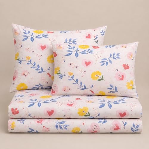 Image of Jashan 210 TC Glace Cotton Soft Fabric Elegent Beautiful Design Queen Size 90x90 inches Bedsheet Lightweight & Durable 1 Bed Sheet with 2 Pillowcase 16x26 inches 3 Pc Bedding Set - White Floral