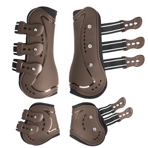 HackFond Horse Tendon Boots, Fetlock Boots & Open Front Boots for Jumping, Set of 4, Horse Protection Leg Guard (Brown, Large)