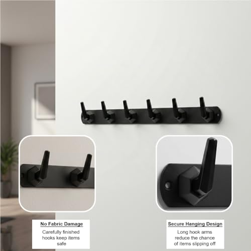 Image of Modern Design Cloth Hanger for Wall /6 Hook Dress Hanger for Door Mount /Bathroom Hooks for Hanging (Black Finish) Pack of 4-| 3 Years Warranty |