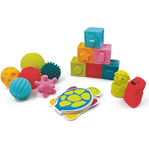Ludi - Coffret De Jouets D'Éveil Bébé - Dès 10 Mois - Développe Le Bien-Être, Le Toucher, La Découverte & La Réflexion - 6 Cubes, 6 Balles Sensorielles, 1 Livre & 2 Animaux Rigolos pour Le Bain Cover
