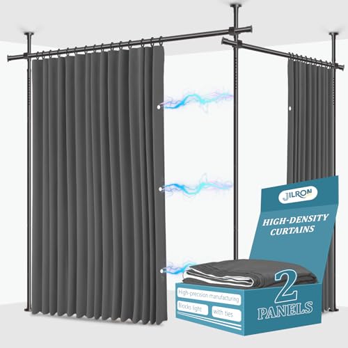 Image of JILRON No-Drill Room Divider Curtains Set: Includes 106 inch W x 84 inch L Grey Curtain 2-Panel & Adjustable Pole Brackets (72-200 inch W x 43-120 inch H Adjustable Range)