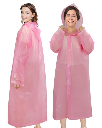 Rain Ponchos for Adults Reusable (2 Pack), Waterproof EVA Raincoats,Pink