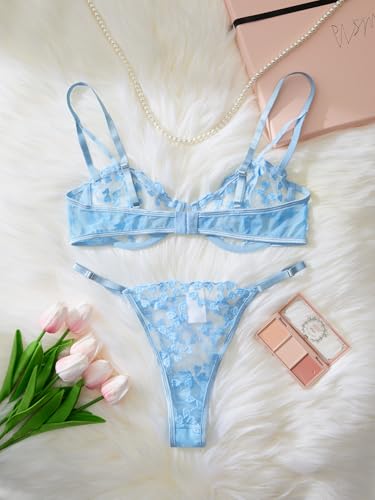 Image of Lilosy Sexy Underwire Cute Push Up Strappy Embroidered Mesh Sheer Lingerie Set See Through Panty Bra
