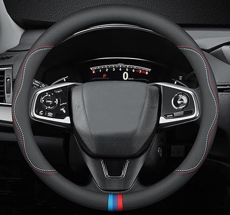 Seafront Steering Wheel Cover, Genuine Leather Car Steering Wheel Protector Sport Carbon Fiber Design, Non-Slip & Breathable & Odorless, Universal Fit Steering Wheels