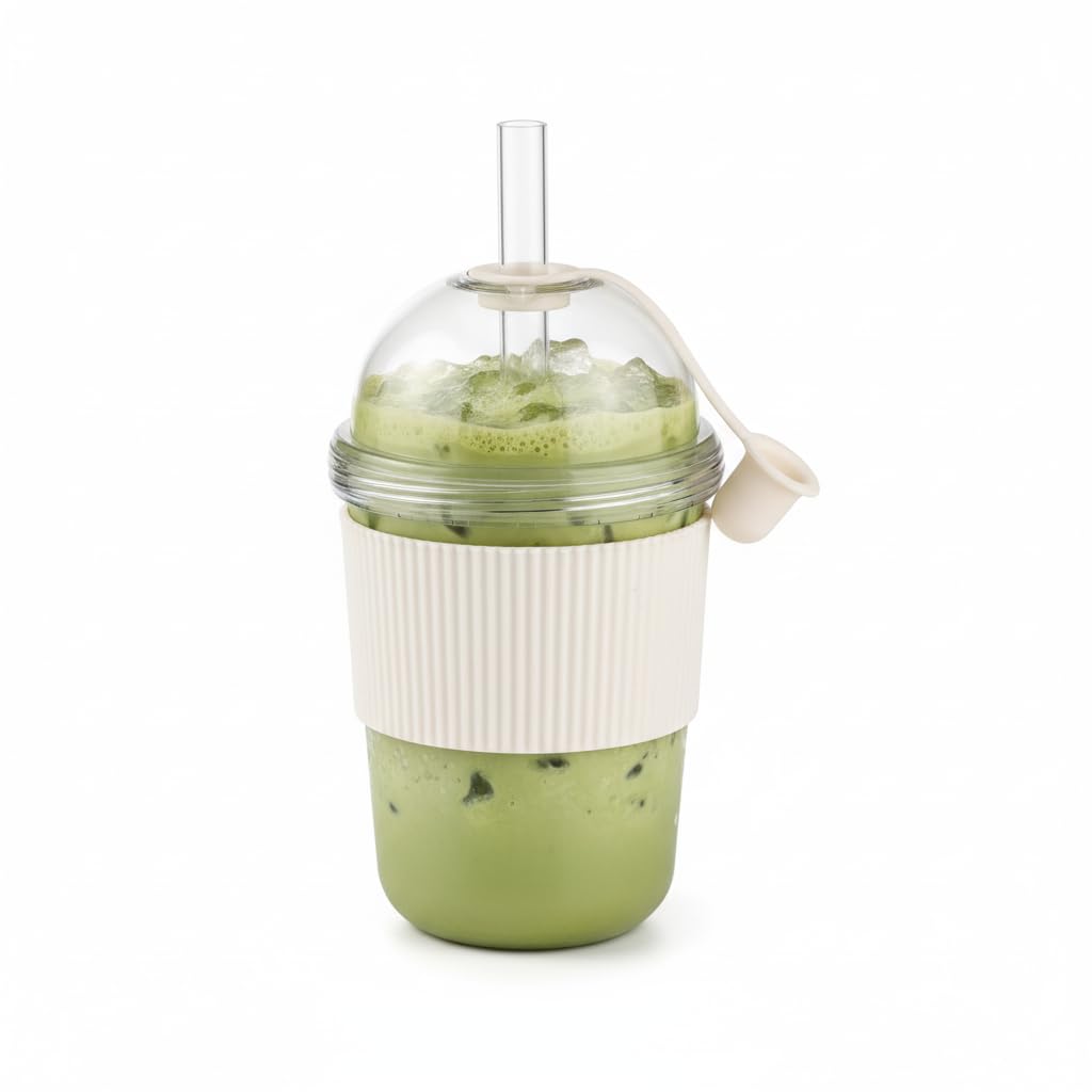 kuoleopa Reusable Ices Coffee Cups with Lids and Straws 14oz, Boba Cup with Straw, Leak Proof Tumbler with Silicone Sleeve for Cold Drinks, Iced Coffee, Bubble Tea ，White