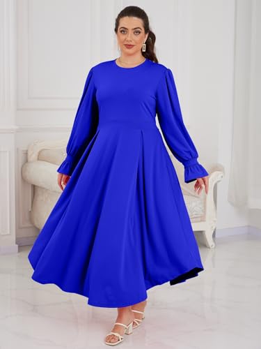 Image of Baczoe Plus Size Long Sleeve Church Dress for Curvy Women | Maxi Length, Elegant Formal Style, Flowy A-Line Shape, Two Side Pockets