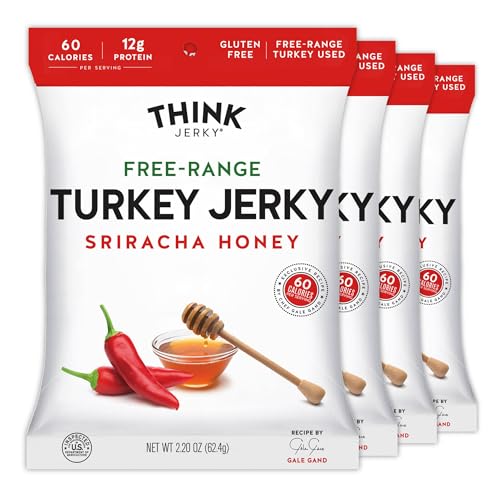 Think Jerky Sriracha Honey Turkey Jerky, High Protein Free-Range Turkey, Gluten Free, No Antibiotics or Nitrates, Healthy Chef Crafted Recipe, Low Calorie and Low Fat - 2.2 oz Bags, 4 Pack