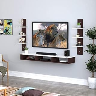 وحدة ترفيه خشبية لغرفة المعيشة، حامل يثبت على الحائط لصندوق تلفزيون، مصنوع من الخشب المصفح بشكل جميل من يوتيز (تلفزيون 32 بوصة) (أبيض وبني)