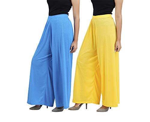 Image of Buy That Trendz M to 4XL Cotton Viscose Loose Fit Flared Wide Leg Palazzo Cotton for Pants Women Turquoise Yellow Combo Pack of 2 Large