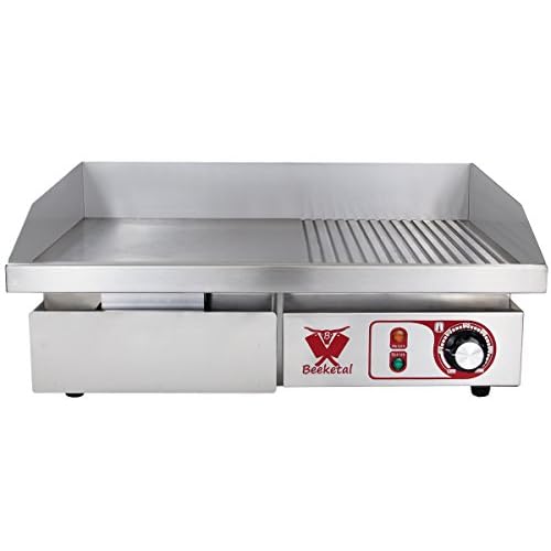 Beeketal 'BGP-b' Profi Gastro Gusseisen Grillplatte elektrisch mit 55 x 35 cm Grillfläche (glatt & geriffelt), stufenlos 50-300 °C (3000W), Elektrogrill mit Spritzschutz und Fett Auffangbehälter