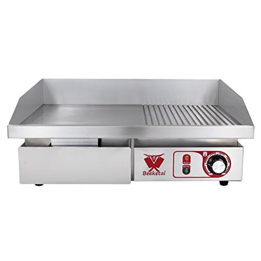 Beeketal 'BGP-b' Profi Gastro Gusseisen Grillplatte elektrisch mit 55 x 35 cm Grillfläche (glatt & geriffelt), stufenlos 50-300 °C (3000W), Elektrogrill mit Spritzschutz und Fett Auffangbehälter