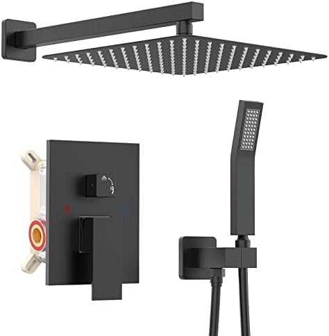 KOJOX 12 Inch Matte Black Shower System with High Pressure Rain Shower Head, Handheld Shower head, Bathroom Mixer Shower Set Wall Mounted Shower Faucet Rough-in Valve and Trim Kit