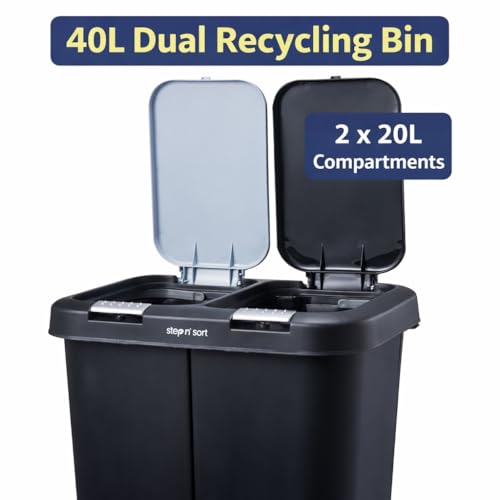Image of Step N' Sort 2 x 5.5 Gallon, Dual Trash and Recycling Bin with Slow Close Lid,Black,40 Liter,SNS402-B