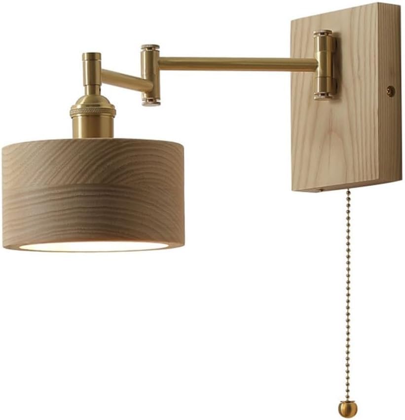 Wooden Rustic Wall Light, Farmhouse Wall Sconce with Adjustable Brass Arm, Indoor Decor Compatible with Bedroom