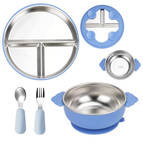 Noosverl Lot de 2 assiettes à ventouse en acier inoxydable, 1 fourchette et cuillère en acier inoxydable, antidérapantes, accessoires BLW, pour...
