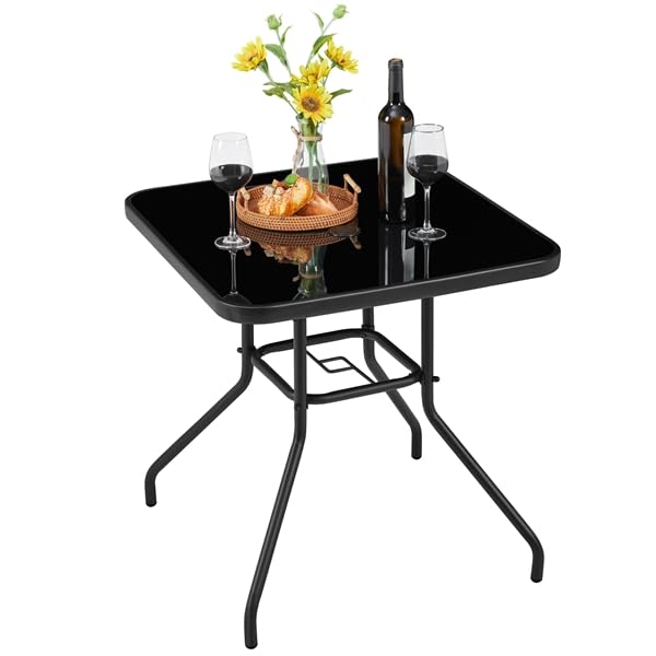 Yaheetech Table de Jardin Ronde en Verre et Métal avec Trou pour Parasol 70 cm x 70 cm Noir