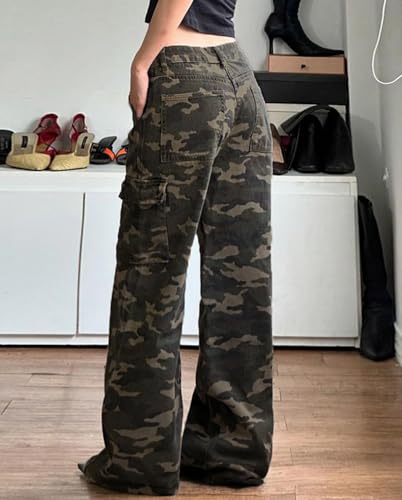 Women Camouflage Cargo Jeans High Waisted Straight Wide Leg Camo Jeans Y2k Flap Pockets Baggy Denim Pants2