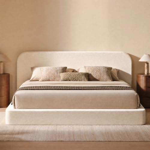 Image of RECCI Airframe Bread King Curved Cloud Platform Bed Frame | Fully Cushioned Foam Rectangular Panels and Soft Rounded Headboard, Easy to Assembly, Beige Chenille for Aesthetic Bedrooms